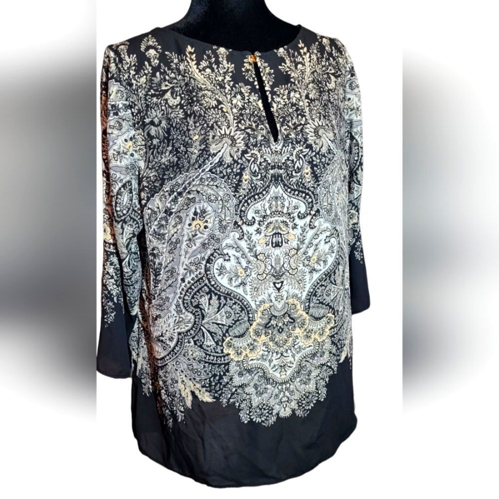 Rose And Olive Tunic Flowy‎ Crepe Black And White Floral Paisle Flowy Sz 1X